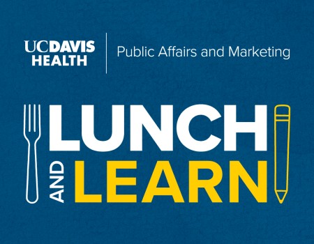 Lunch and Learn graphic with yellow writing and blue background